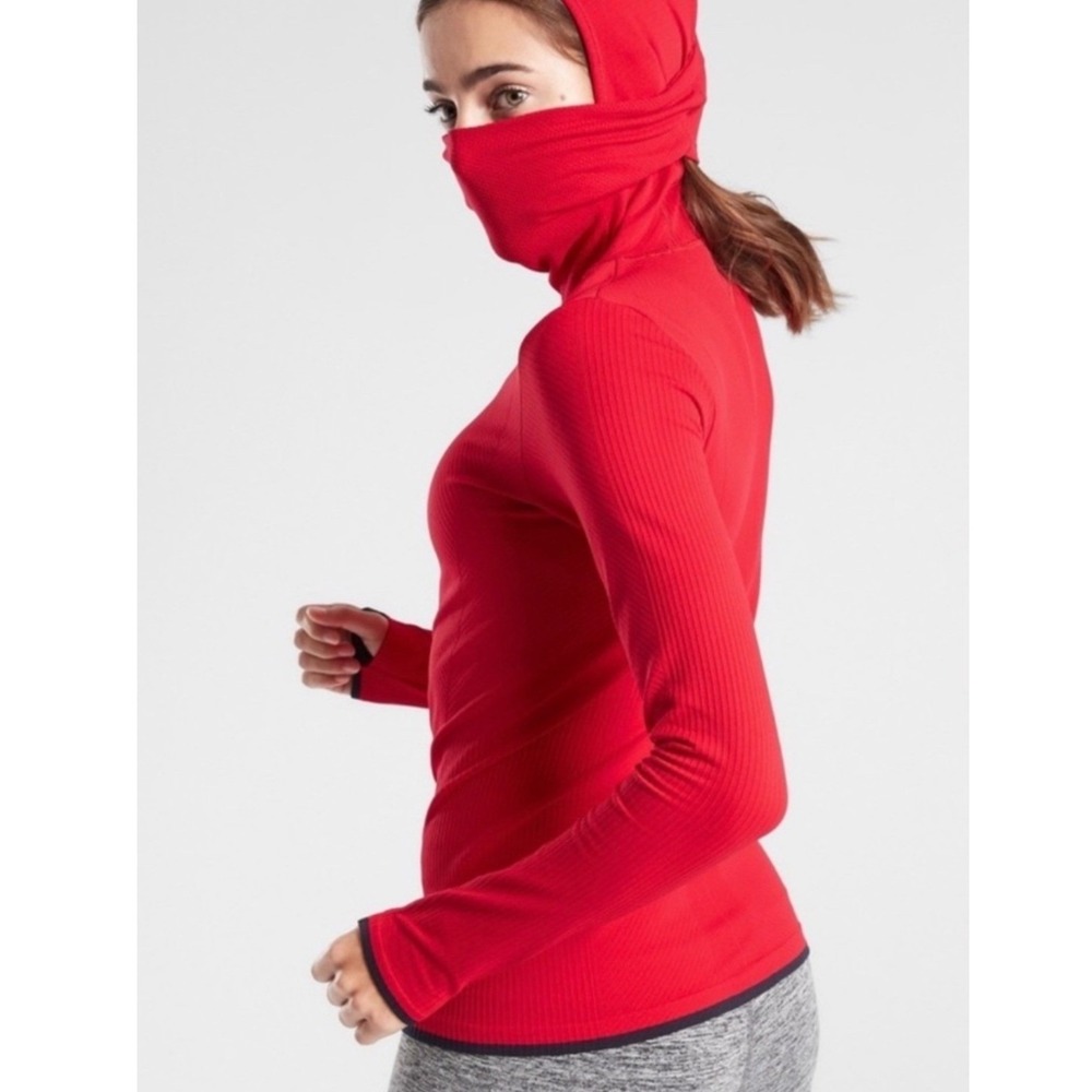 Athleta Womens Large Red Speedlight Hoodie Face Mask Long Sleeve Running Top
